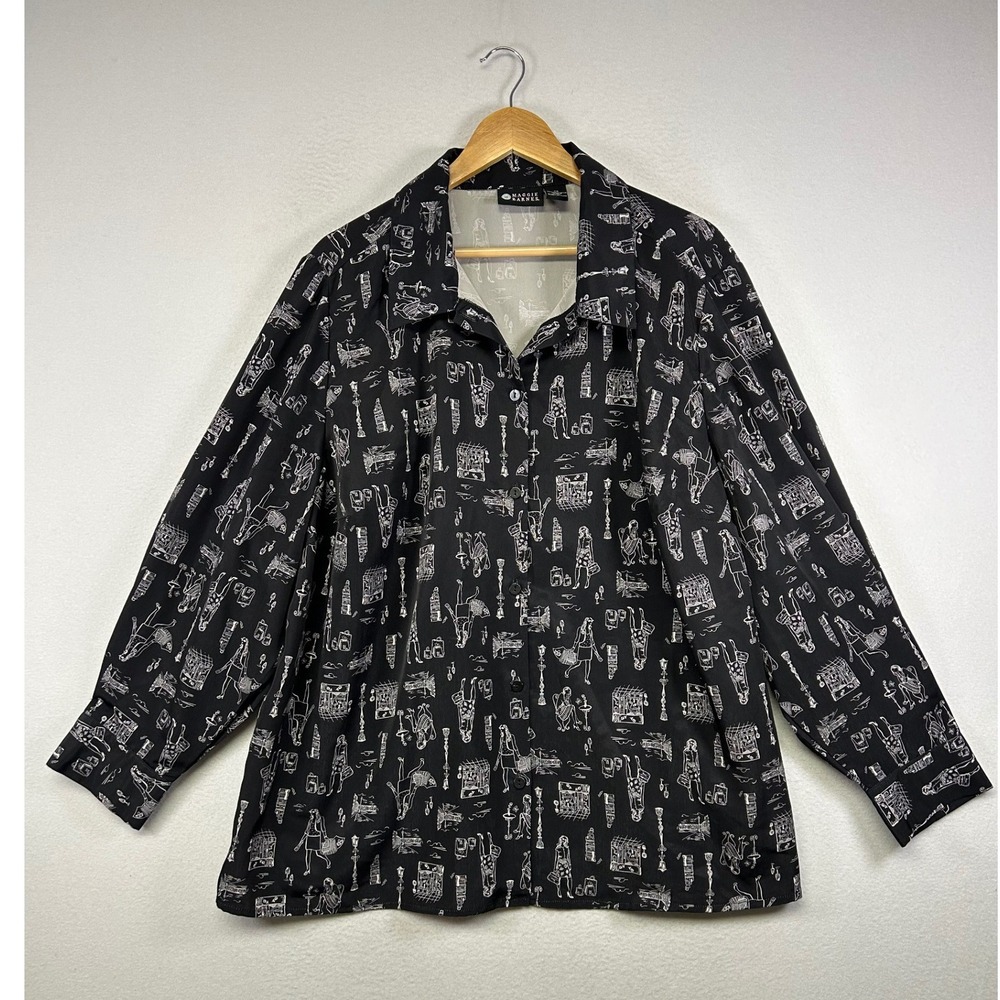 Parisian Novelty Print Maggie Barnes Womens 2X Black White Button Down Blouse